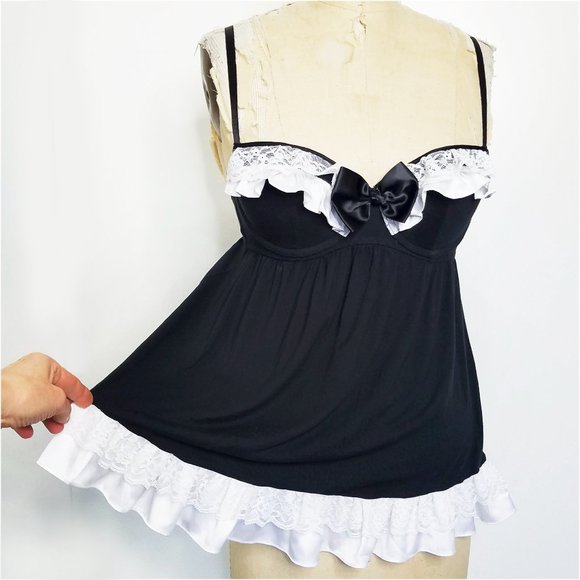 Victoria's Secret Other - Victoria's Secret Black & White Babydoll Satin Lace Ruffle Trim Bow Top